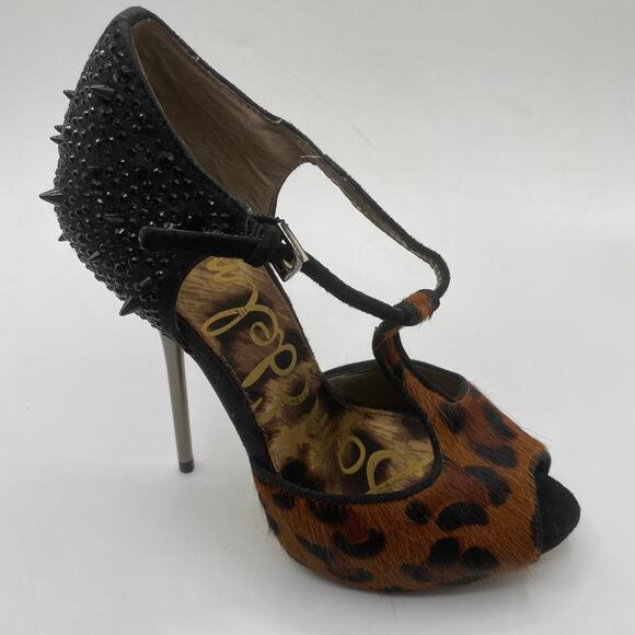 Sam Edelman Scarlett Animal Print Calf Hair Spiky Stiletto Peep Toe 5.5 NWOB - Picture 1 of 7